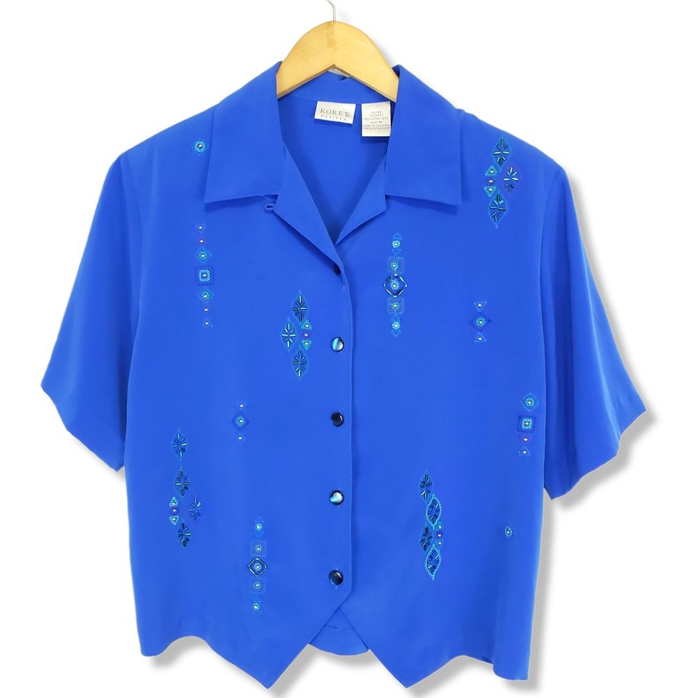 Koret Blue Bead Embellished Cropped Button-up Blouse Size Medium Petite